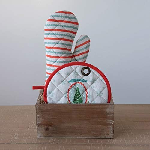 Creative Co-Op 8 'Round Cotton Pot Holder com estampa de fazenda de árvore de Natal, vermelho e branco ©