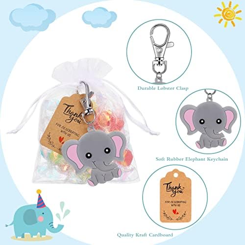 30 sets Favores de retorno do chá de bebê incluem Keychains de elefante Bolsas de organza e obrigado Kraft Tag Baby Shower