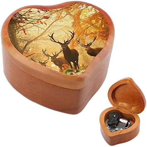 Camo de outono Milu Deer Clockwork Box Vintage Wooden Heart Heart Musical Box Toys Gifts Decorações