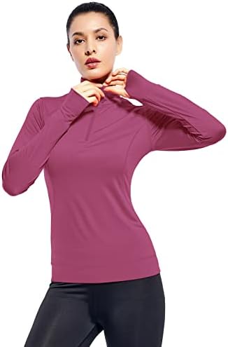 Mulher Quarter Zip Running Pullover Long Sleeve Treping Tops para mulheres com buraco de polegar