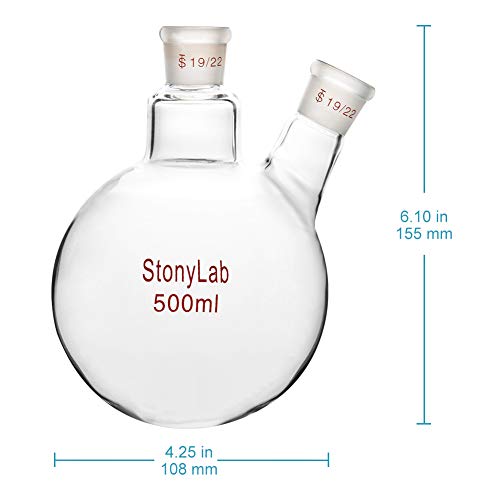 Glass de vidro de stonylab 500 ml de parede pesada 2 garçonete de fundo redondo de pescoço RBF, com junta externa de 19/22