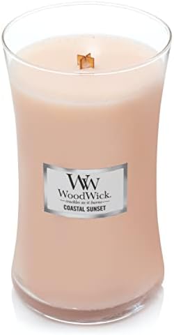 Vela perfumada de Woodwick Ellipse, pôr do sol costeiro, 16oz | Até 50 horas de queimadura e vela de ampulheta grande, pôr do sol costeiro,