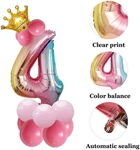 Falliny 32 polegadas Rainbow Número 4 Balões com balões de látex destacáveis ​​Coroa de hélio Decorações de aniversário
