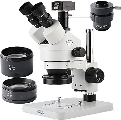 Microscópio de zoom estéreo trinocular de Koppace, oculares wf10x/20, ampliação de 3,5x-90x, câmera de microscópio de 5mp USB 2.0 5MP, luz do anel de 144 LED, fornece um software de medição de imagem profissional