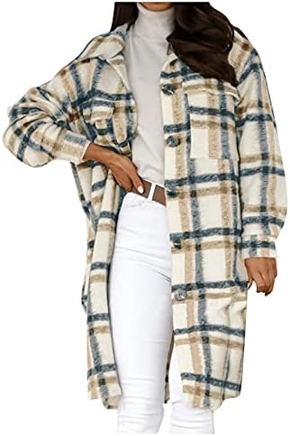 Botão feminino para baixo namorado casual camisas de flanela jaqueta xadrez de manga comprida casaco shacket s jackets de casaco de lã longa