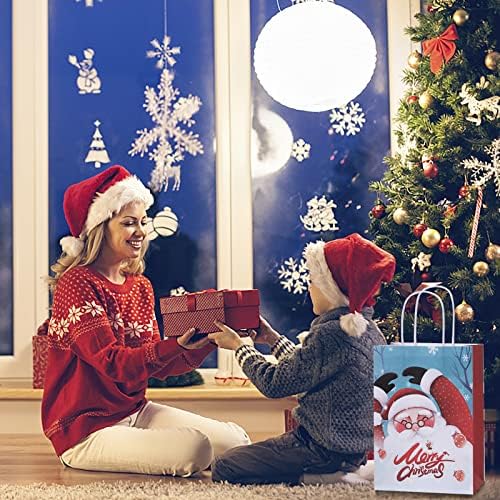 Sacos de presente de Natal de 12pcs 12pcs com alças, sacos de papel kraft para natal, sacos de Natal tamanhos variados com Papai Noel, boneco de neve, padrão de árvore de Natal, sacos de papel de tratamento de natal para embalagem de presentes