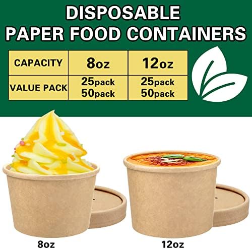 Pnytty 50 pacote de 8 oz de papel xícaras, recipiente de alimentos com tampa, tigela de sorvete de papel com tampa descartável para