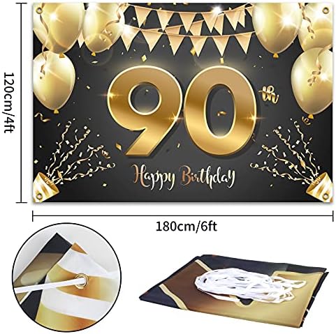 Hamigar 6x4ft Banner de aniversário de 90ft 90 anos - 90 anos de decoração de aniversário de 90 anos de idade material de festa para homens - ouro preto