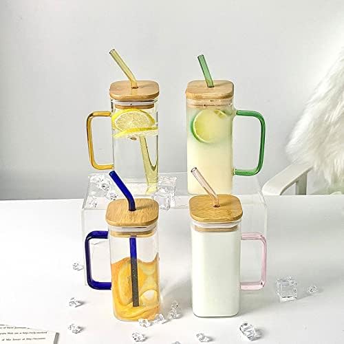Bffydoaa copos de vidro com tampas e canudos, canecas de jarra de pedreiro de 14 oz com alça de boca com copos de café com copos transparentes