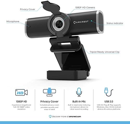 Webcam AMCREST 1080P com capa de privacidade e microfone omnidirecional, câmera USB de web cam, computadores hd streaming webcam para desktop e laptop para PC, suporte de metal pesado ajustável, pára-brisas (AM430-AWC195-B