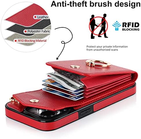 Caixa da carteira Jeryaqtq para iPhone 14 Pro Max Leather Cover Caso com suporte de cartão RFID Bloqueio de proteção Casa de proteção 360 ° Ring Kickstand Tampa à prova de choque vermelho