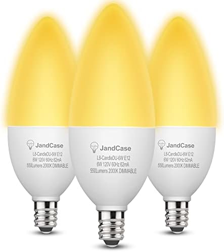 Lâmpadas de inseto de led de LED amarelo Jandcase, lâmpadas amarelas de candelabra E12, lâmpadas LED amarelas E12 diminuídas, luzes de insetos de 6W, lâmpadas LED âmbar para externo, corredor, varanda, UL listado, 3 pacote