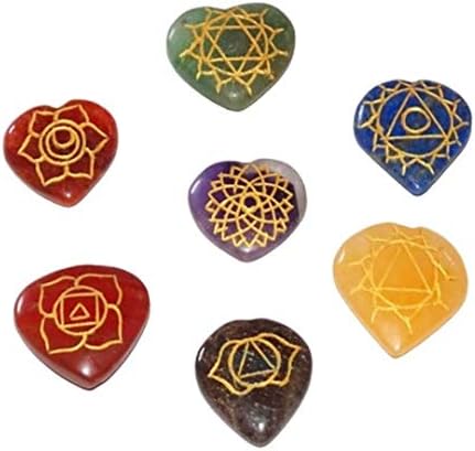 Dhyanarsh 7 Chakra Stones Heart -For -Reiki Cura de cristal com símbolos de chakra gravado Símbolos de balanceamento holístico Pedras