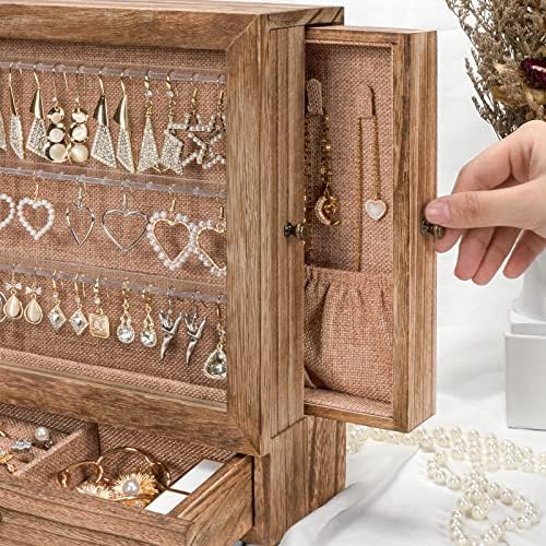 Yoimori Jewelry Box com janela de vidro, organizador de jóias de 3 camadas com 2 gavetas laterais, jóias de madeira rústica