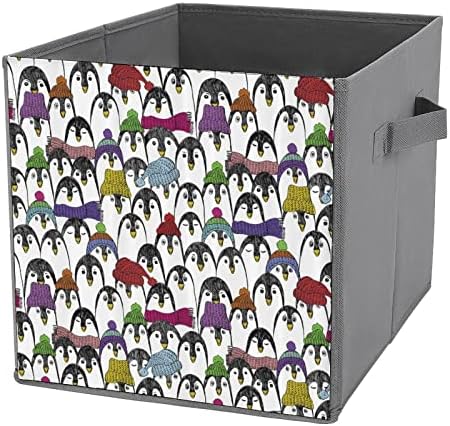 Pinguins fofos Chapéus coloridos Cubos de armazenamento de tecido dobrável Caixa dobrável com alças