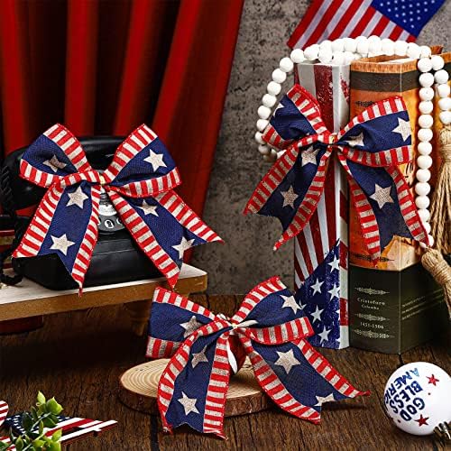 12 PCs Red Braços patrióticos azuis brancos 6 polegadas 4 de julho Wreath Bow Bow Large Burlap Patriótico Bow American Star