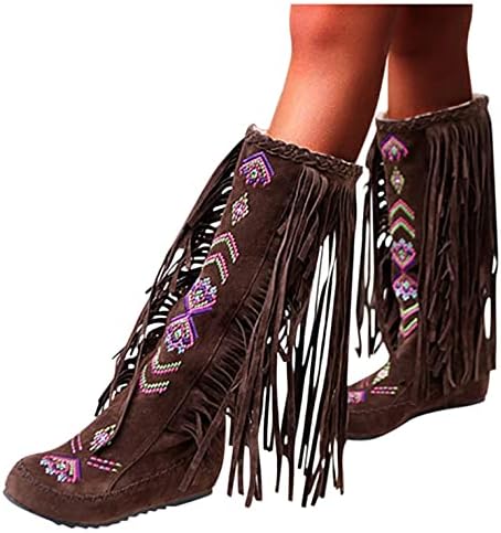Botas masbird para mulheres joelhos altas margens ocidentais redondo botas de dedo dedo chunky tassel plataforma botas femininas botas de cowboy