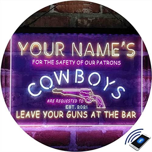 Cowboys Gun Bar personalizado Bar Tri-Color LED NEON Light Sign, uma decoração de arte gravada em 3D única | Personalizar nomes
