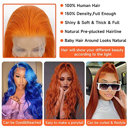 Cor de gengibre laranja 13x4 Lace Front Wigs Human Human - Pré -arbusta linha de cabelo natural com cabelos para bebês, 150% de densidade brasileira Virgem brasileira Virgem reta de renda frontal