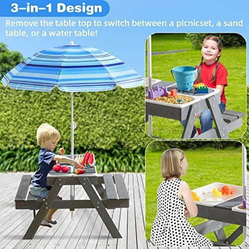 Mesa de piquenique para crianças Beright, 3 em 1 mesa de atividade de areia e água, mesa de piquenique conversível ao ar livre de