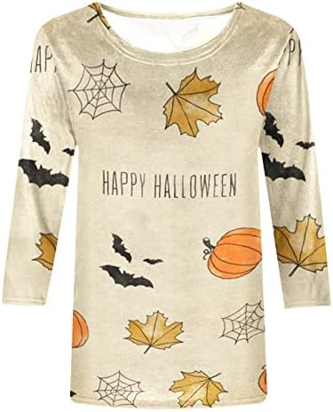 Tops de Halloween para mulheres, moda feminina impressa com camiseta solta de 3/4 mangas 3/4 blusa redonda no pescoço casual tops