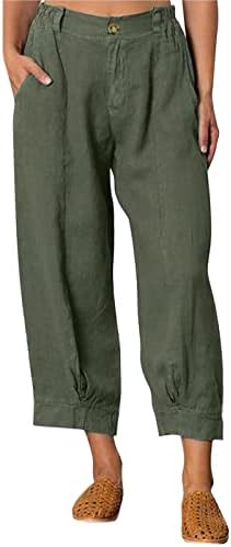Calças de linho de algodão para mulheres, perna lisa casual casual, com comprimento de capa de calça frontal plana com bolsos