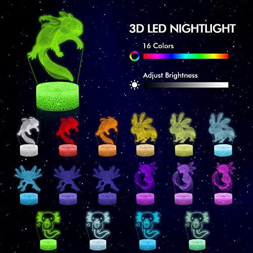 UPIHO Night Light, Lâmpada de Ilusão 3D com Remoto e Touch 16 Alterações de Cores Planqueiras, 5 Padrões Axolotl 3D Lâmpada Crianças