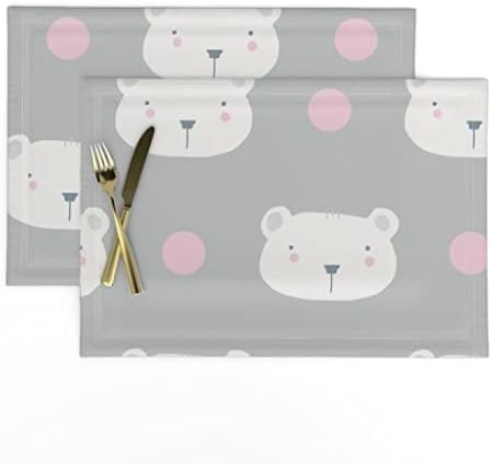 Linen Cotton Canvas Placemats - Urso polar Animais nórdicos fofos bolinhas berçário menina floresta florestal cinza rosa crianças