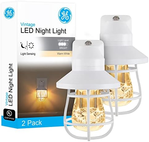 GE Vintage LED Night Light, Plug-in, Sensor do Dusk-to-Dawn, Fazenda, Rústico, Decoração em Casa, Certificado Ul, luz noturna ideal para quarto, banheiro, cozinha, corredor, 66980, branco, 2 pacote