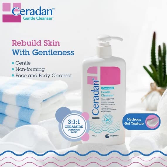 Cleanser Ceradan Gentle 280ml - O Cleanser Ceradan Gentle é um limpador suave, sem sabão, facial e corpo que não apenas hidrata e acalma., 9,47 fl oz