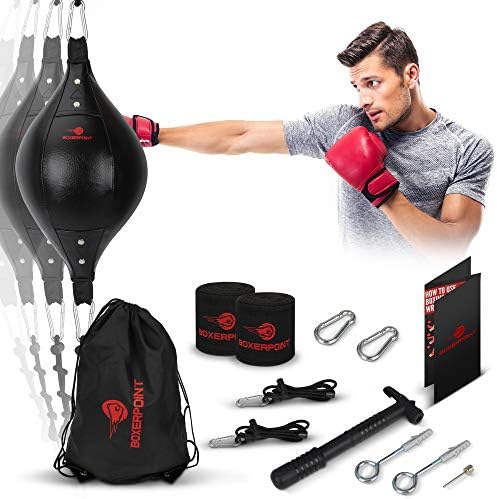 BoxerPoint Double End Punching Bag Kit | Couro PU, cordões ajustáveis ​​2x41, envoltórios manuais, bolsa de transporte e instalação