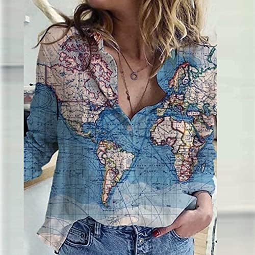 Mapa feminino mapa de impressão gráfica de linho camisas de algodão de manga comprida geometria vintage botões soltos imprimir