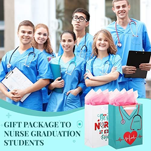 24 PCS enfermeira Bolsa de presentes de graduação, graduados enfermeiros bolsa de presente com papel de seda rosa Melhor enfermeira Ever Nurse Week Bags Goodie Goodie Sacos com alça para enfermeiros