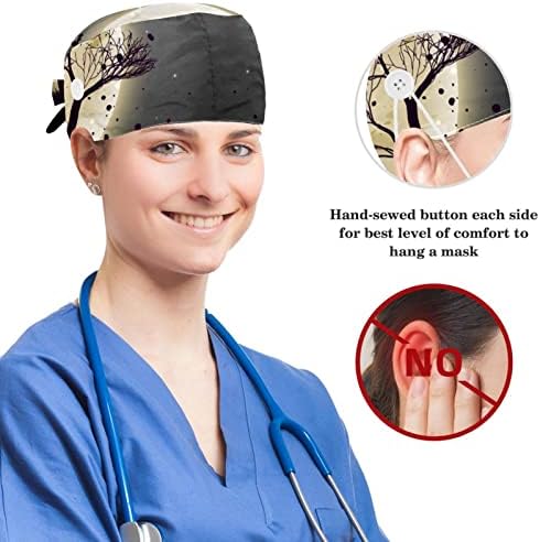 Cap de trabalho ajustável do yoyoamoy com botão Bloween Bloween de banda de suor de algodão com boné de cirurgião de mão para mulheres
