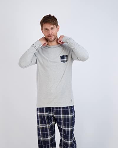 Pijama de flanela ao ar livre Pijama - Tee de pescoço e pijamas homens, algodão mistura de algodão relaxado PJ Conjuntos - Conjunto
