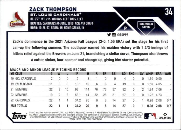 Zack Thompson RC 2023 TOPPS 34 ROOKIE NM+ -MT+ MLB BASEBALL CARDINALS