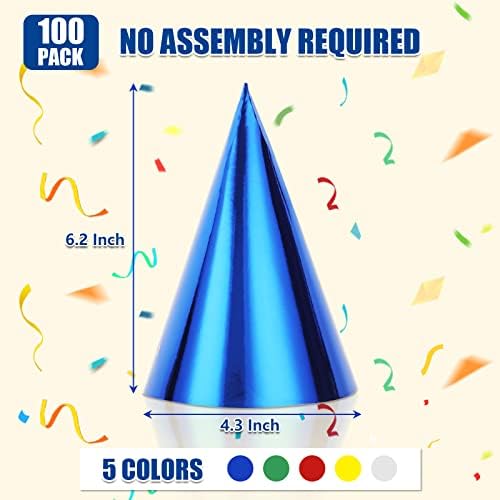 Wopplxy 100 PCs Multicolor Cone Party Hats, chapéus de festa de aniversário de cone metálico com corda elástica para