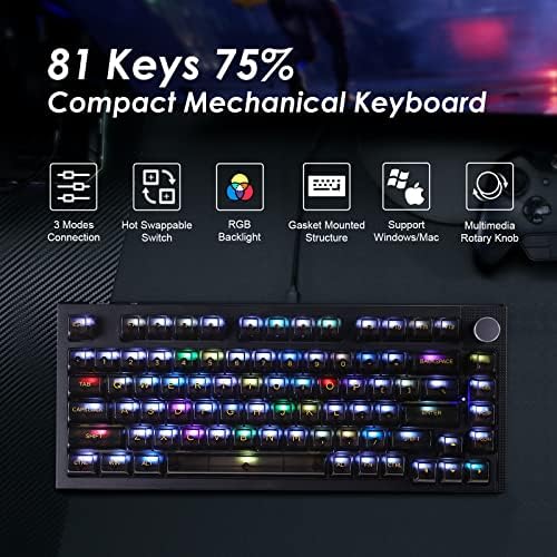 Teclado de jogo personalizado EASYSMX, 75%% do teclado mecânico de bricolage RGB de tamanho rgb, 81 chaves de 3pin/5pin, interruptor de modo triplo programável Bluetooth/Wired/2.4GHz Conexão sem fio