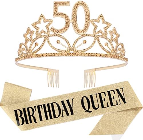 Decorações de aniversário de 50 anos para mulheres Gold Kicosy 50 e Fabulous Sash and Tiaras 50º Aniversário Coroa de Aniversário