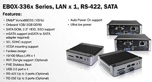 Mini Box PC EB-3360-221C2 apresenta uma única porta RS-422, portas RS-232 dupla e energia automática na função