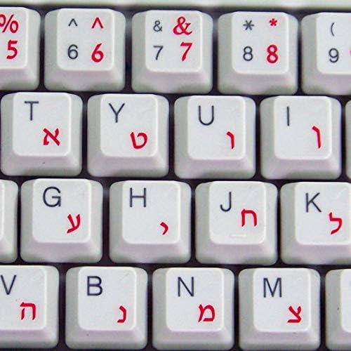Etiquetas de teclado hebraico com letras vermelhas em fundo transparente