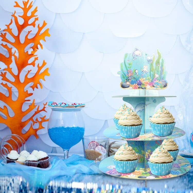 Decorações do chá de bebê oceano sob o suporte de cupcakes do mar, 3 camadas no fundo do mar Animal Aquarela Cupcake Titular