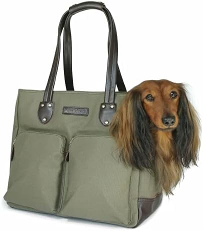 Bolsa de transportador de cachorro Django-Tela de cera e couro de pet-side de couro com uma bolsa de segurança de saco para a Harness e bolsos seguros para zíper