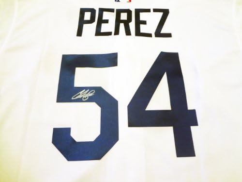 Chris Perez autografou a camisa branca de Los Angeles Dodgers com prova, foto de Chris assinando para nós, Los Angeles Dodgers,