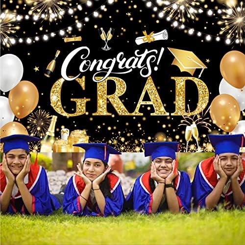 Banner de graduação Aaskuu 2023 preto e dourado - 72,8x43,3 polegadas, parabéns Banner de graduação para decorações