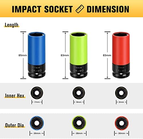 BOEN 1/2 Drive Roda Protector de impacto Socket, soquete de parede fino de porca fina que não se aplica a manga de proteção codificada por cores, Cr-Mo, 6 pontos, com código de cores |
