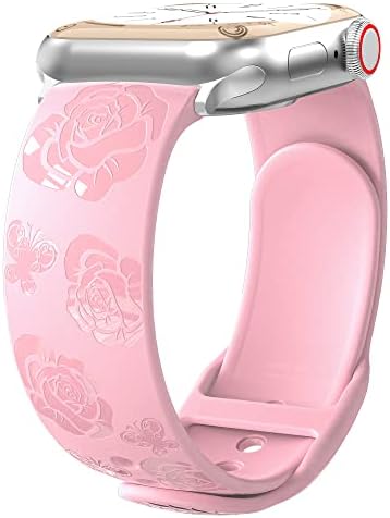 Romsea rosa gravado banda compatível com bandas de relógio Apple 38mm 40mm 41mm 42mm 44mm 45mm, design de tira floral de design floral