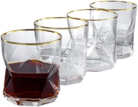 Conjunto de mygift de 4 copos de uísque antiquados de vidro transparente com design de forma geométrica prismática e aro
