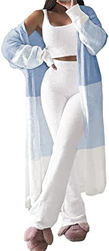 Vamjump feminino Fuzzy 3 peças Sorto aberto Cardigan Cardigan Tampas de colheita de calças largas Pontas de lounge, safira azul