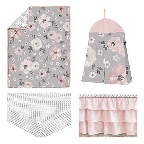 Doce JoJo Designa Cinza Aquarela Floral Baby Girl Berçário Conjunto de cama de berço - 4 peças - blush rosa cinza e branco
